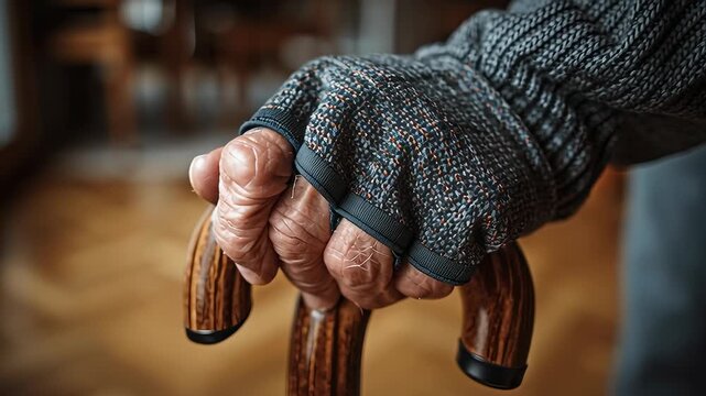 Elderly senior hand in grey glove holding walking stick for support, contemplative moment of frailty and age