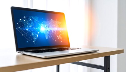 Fototapeta premium Laptop displaying global network graphic