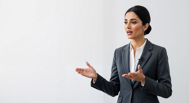 Young businesswoman in a dark suit confidently presenting ideas while gesturing with her hands on an isolated white background