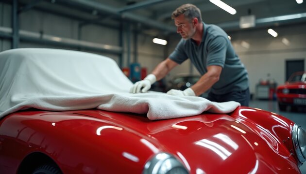 Man in gloves carefully covers gleaming red classic sports car in garage. Scene evokes passion for automobiles, meticulous care, owner pride in vintage vehicle. Focus on luxury automobile pristine