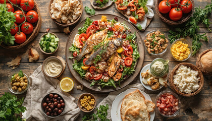 Generous spread of traditional Greek food features grilled fish, shrimp, fresh salad with tomatoes, cucumbers, olives, feta cheese. Accompaniments include pita bread, tzatziki dip, Mediterranean