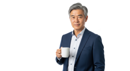A man in a suit holding a white mug with gray hair against a black and white background space for text