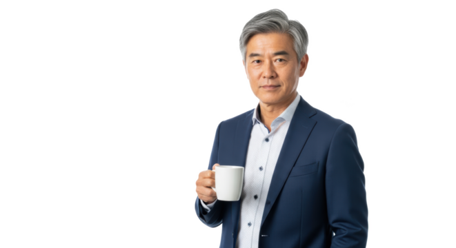 A man in a suit holding a white mug with gray hair against a black and white background space for text