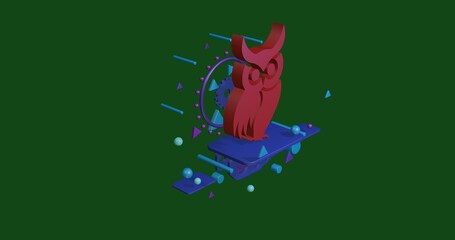 Red owl symbol on a pedestal of abstract geometric shapes floating in the air. Abstract concept art with flying shapes in the center. 3d illustration on green background