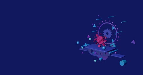Pink cosmic symbol on a pedestal of abstract geometric shapes floating in the air. Abstract concept art with flying shapes on the right. 3d illustration on indigo background