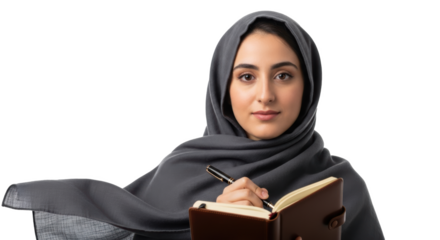 Woman in hijab writing in a journal with a pen looking at the camera on a black and white background