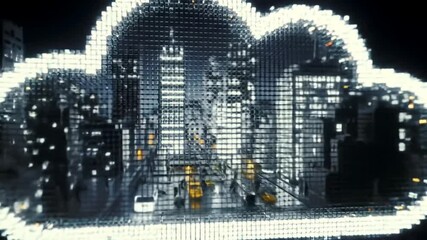 Abstract Cloud Computing Concept With Pixelated Cityscape Outline on Dark Background Emphasizing Connectivity - Powered by Adobe