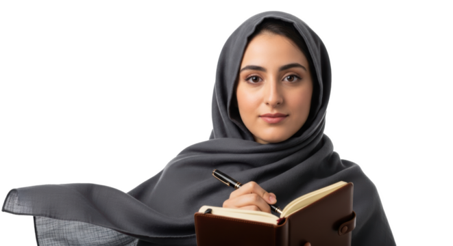Woman in hijab writing in a journal with a pen looking at the camera on a black and white background
