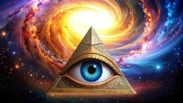 Abstract Eye Within Golden Pyramid Against Swirling Nebula and Starry Cosmic Background, Spiritual Concept Visualization