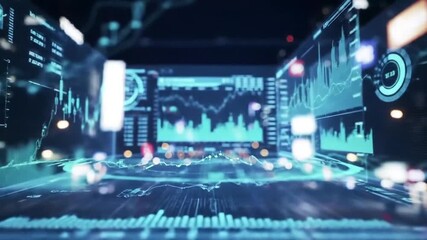 Abstract Digital Data Visualization with Glowing Teal Charts on Cityscape Backdrop During Night - Powered by Adobe