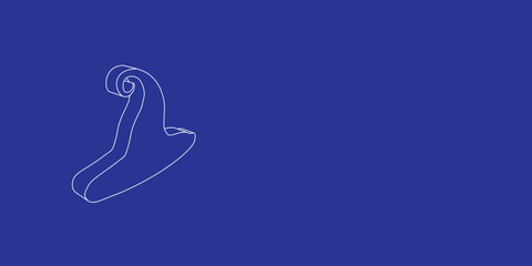 The outline of a large witch hat symbol made of white lines on the left. 3D view of the object in perspective. Vector illustration on indigo background