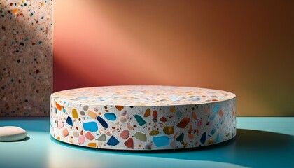 terrazzo textured empty low circular podium surrounded by colorful marbled panels and polished decorative stones vibrant product display background with copy space