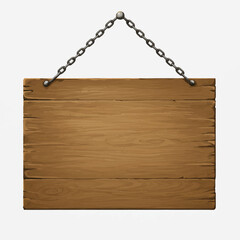 Rustic Wooden Sign Hanging by Chains Isolated on White Background.