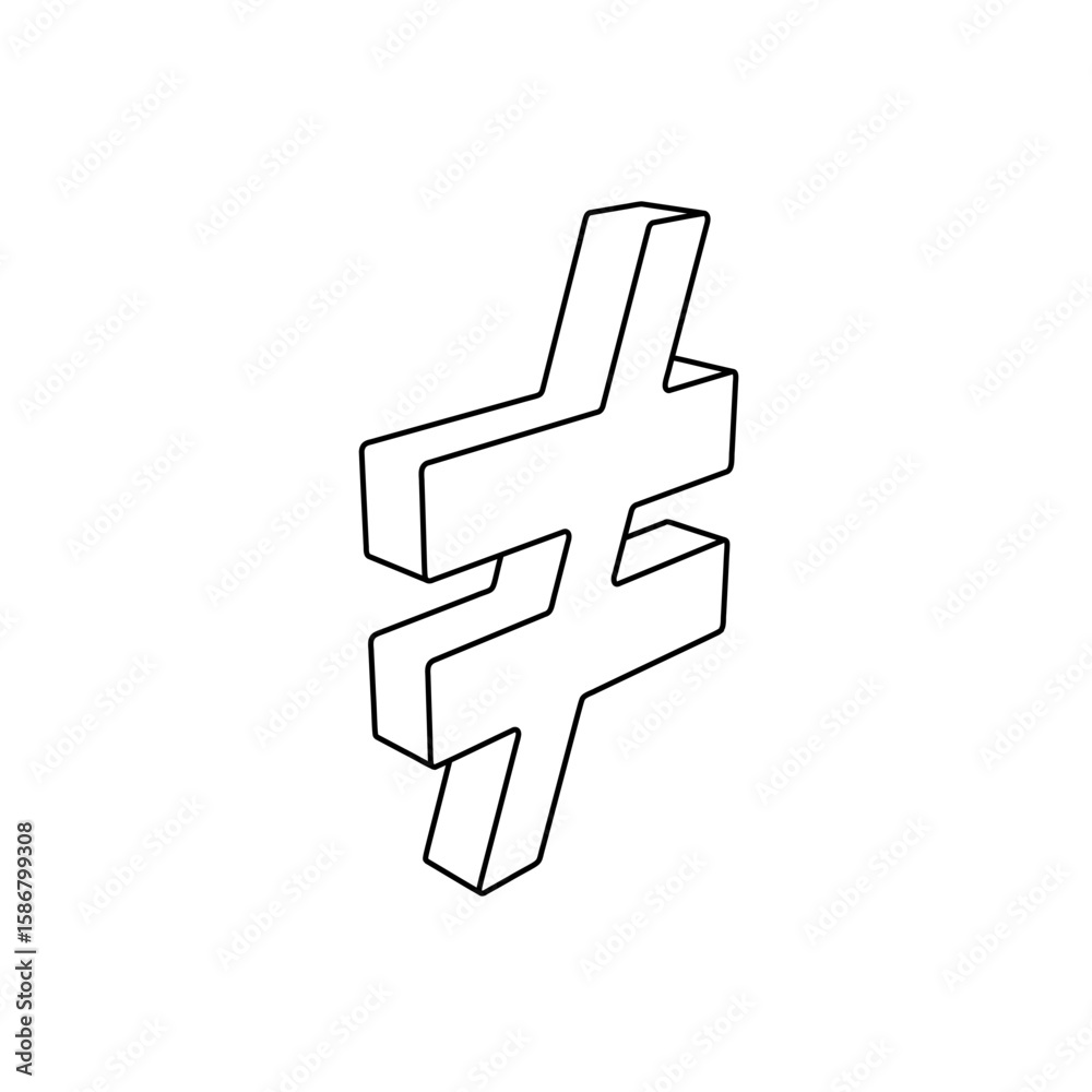Poster the outline of a large not equal symbol is made with black lines. 3d view of the object in perspecti