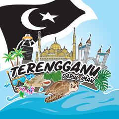 Visit Terengganu, Malaysia. Vector illustration. Travel concept, banner and poster design for social media and print media