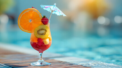 A cocktail glass with tropical fruit and umbrella