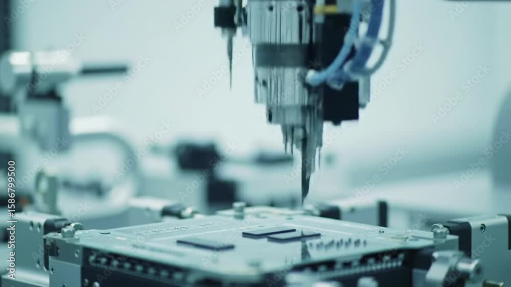 Poster automated robotic arm precision component placement on circuit board in a modern factory with white 