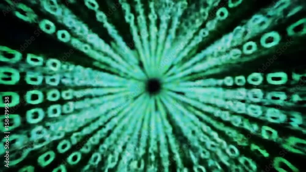 Poster binary code tunnel with radiant green digits and dark void center abstract digital network graphic b