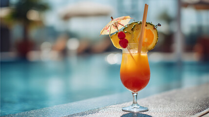 A cocktail glass with tropical fruit and umbrella