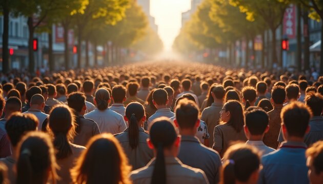 Large crowd of diverse people walks down city street during daytime. Scene captures gathering, event, public assembly. Sunlight filters through trees lining urban road, creating warm atmosphere.