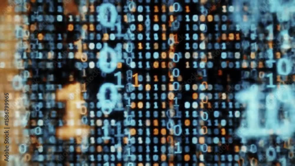 Poster blue and orange binary code cascading down on dark background digital data