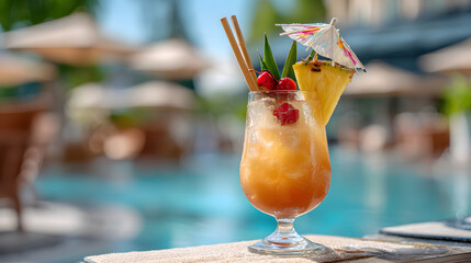 A cocktail glass with tropical fruit and umbrella