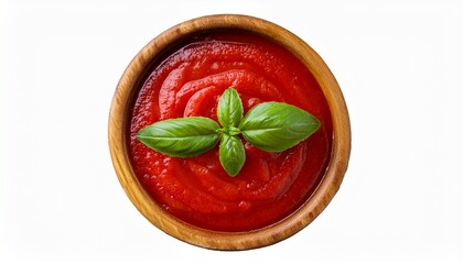 a top view of a wooden bowl filled with vibrant red tomato sauce and a garnish of fresh green basil leaves isolated on transprent background