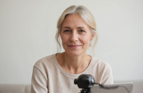 Smiling mature woman, 50s 60s, engages in video call, online chat job interview. Uses webcam technology from home, conveying happiness, confidence. Ideal for communication, education remote work