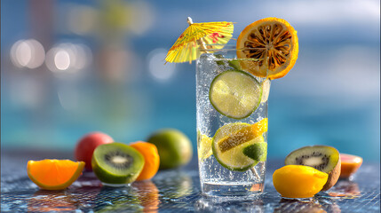 A cocktail glass with tropical fruit and umbrella
