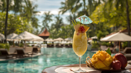 A cocktail glass with tropical fruit and umbrella