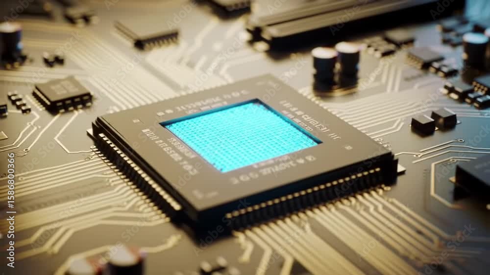 Poster central processing unit microchip on circuit board with glowing blue elements in a detailed macro sh