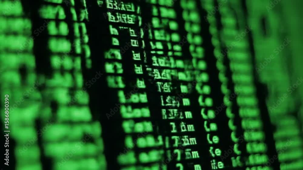Poster close-up green computer code displayed on dark screen background for software development and cybers