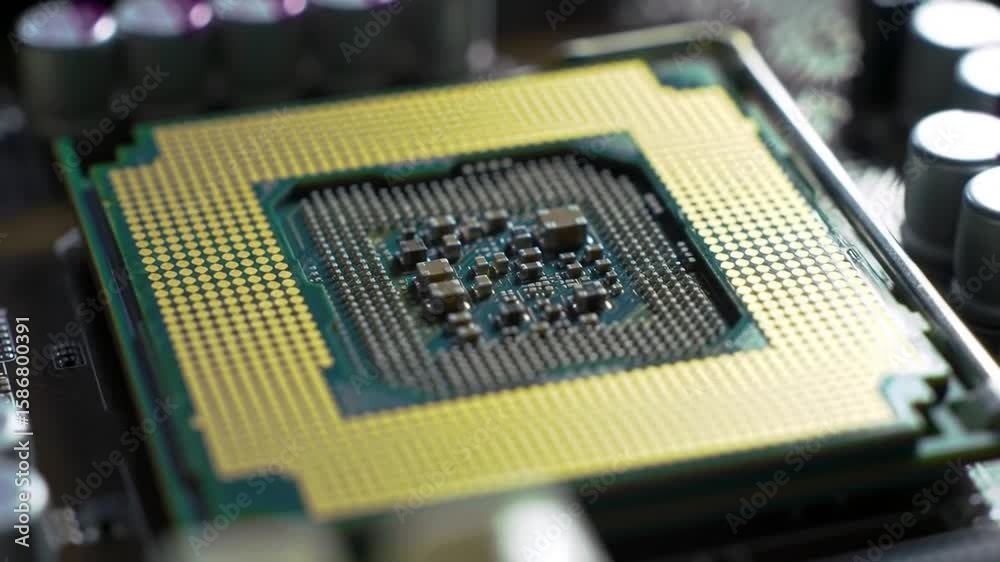 Poster close up golden central processing unit cpu socket on motherboard computer hardware