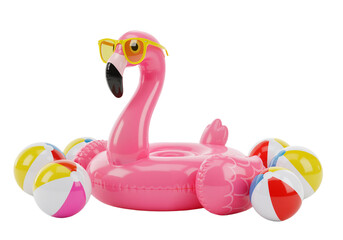 Playful Giant Flamingo Inflatable with Sunglasses and Beach Balls – Ideal for Poolside Parties and Vacation Vibes, isolated on a transparent background PNG,