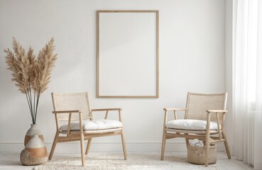Blank picture frame mockup in bright Scandinavian living room. Modern interior features natural wood chairs, pampas grass decor, white walls, soft rug, sheer curtains. Minimalist template with ample
