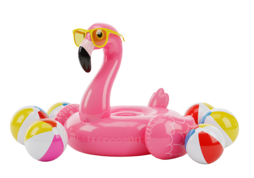 Playful Giant Flamingo Inflatable with Sunglasses and Beach Balls – Ideal for Poolside Parties and Vacation Vibes, isolated on a transparent background PNG,