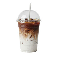 A refreshing iced coffee drink with layers of dark coffee and creamy milk, served in a clear plastic cup with ice and a straw, perfect for a hot day.
