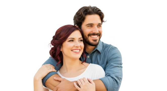 A smiling couple embracing each other with the man wearing a blue shirt and the woman in white top