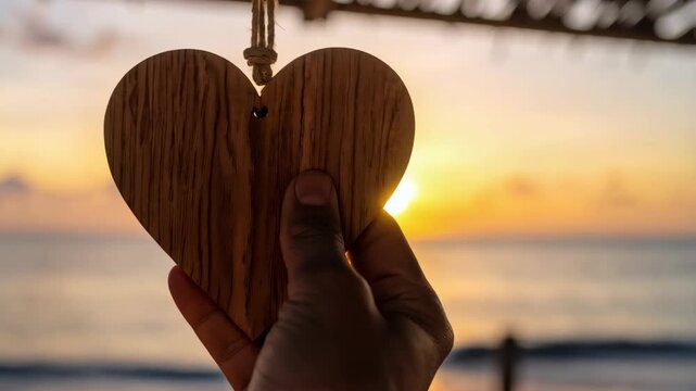 Hand holding wooden heart ornament against ocean backdrop during sunset, warm light on the horizon, romantic moment