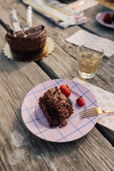 chocolate cake on a purple plate with berries on picnic table in the park