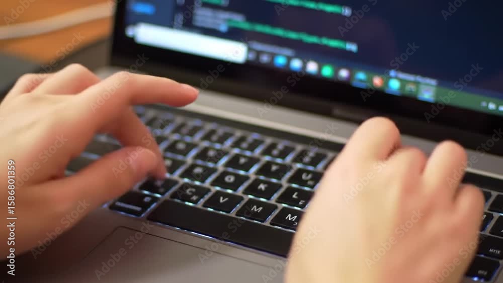 Poster close up of hands typing on laptop keyboard with backlight showing coding screen