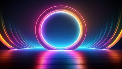 vibrant neon circle portal glowing with gradient colors against misty dark background creating ethereal geometric light installation on reflective surface