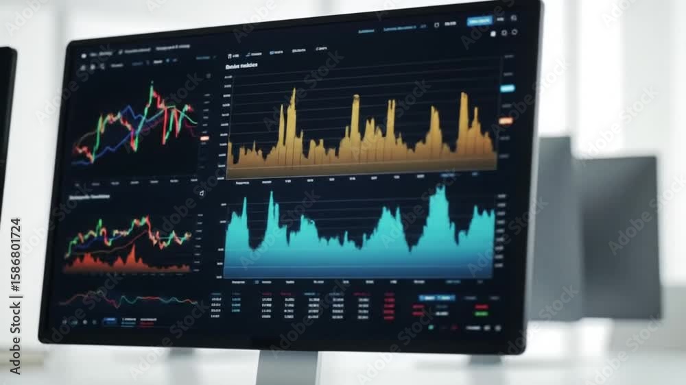 Poster dark stock market interface with multiple computer screens in office background