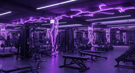 Obraz premium Futuristic gym interior with modern equipment illuminated by vibrant purple neon energy lightning
