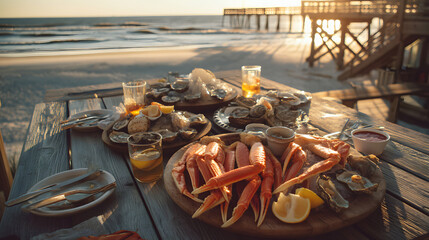 A fresh seafood platter on a beachside table