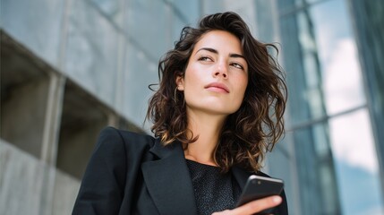 European business woman manager using cell phone mobile app standing outdoors at office. Latin Hispanic young female businesswoman freelancer working on smartphone, looking aside dreaming.