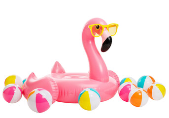 Playful Giant Flamingo Inflatable with Sunglasses and Beach Balls – Ideal for Poolside Parties and Vacation Vibes, isolated on a transparent background PNG,