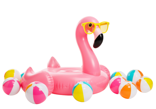 Playful Giant Flamingo Inflatable with Sunglasses and Beach Balls – Ideal for Poolside Parties and Vacation Vibes, isolated on a transparent background PNG,