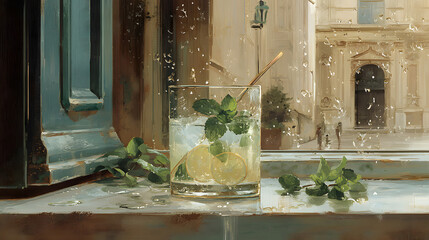 A cocktail glass with tropical fruit and umbrella