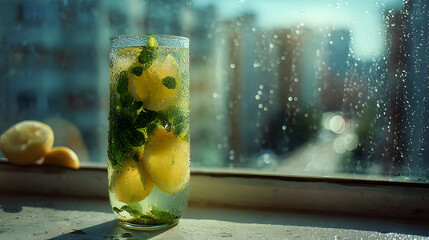 A cocktail glass with tropical fruit and umbrella